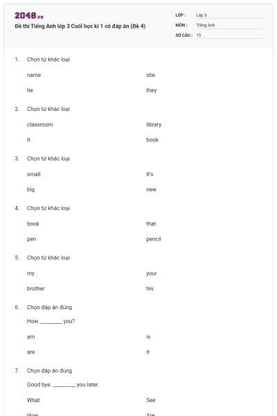 Đề thi Tiếng Anh lớp 3 Cuối học kì 1 có đáp án (Đề 4)