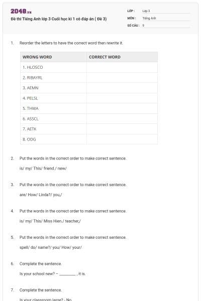 Đề thi Tiếng Anh lớp 3 Cuối học kì 1 có đáp án ( Đề 3)