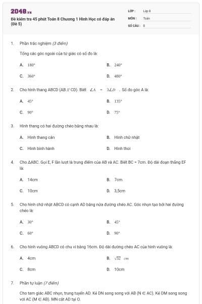 Đề kiểm tra 45 phút Toán 8 Chương 1 Hình Học có đáp án (Đề 5)