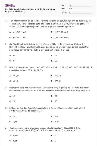 524 Bài trắc nghiệm Dao động cơ từ đề thi thử cực hay có lời giải chi tiết(Đề số 7)