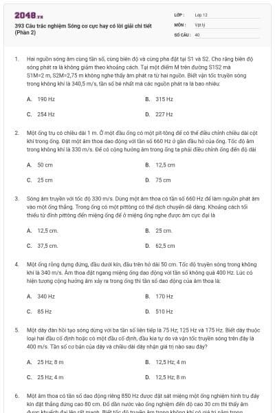 393 Câu trắc nghiệm Sóng cơ cực hay có lời giải chi tiết (Phần 2)
