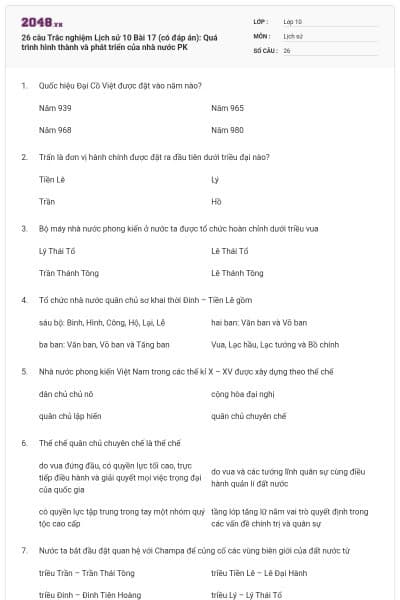 26 câu  Trắc nghiệm Lịch sử 10 Bài 17 (có đáp án): Quá trình hình thành và phát triển của nhà nước PK