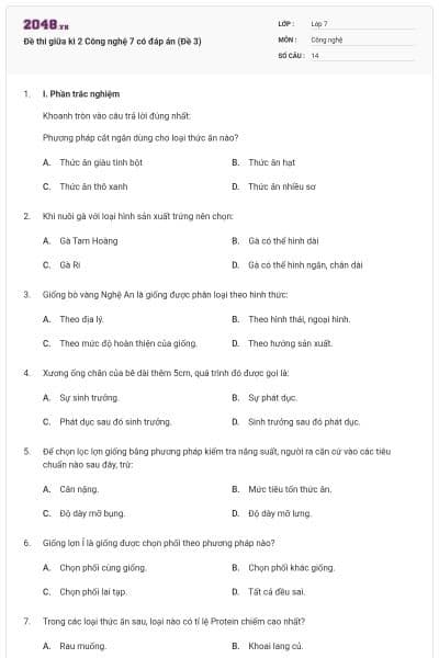 Đề thi giữa kì 2 Công nghệ 7 có đáp án (Đề 3)
