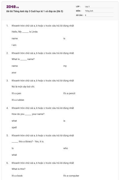 Đề thi Tiếng Anh lớp 3 Cuối học kì 1 có đáp án (Đề 5)