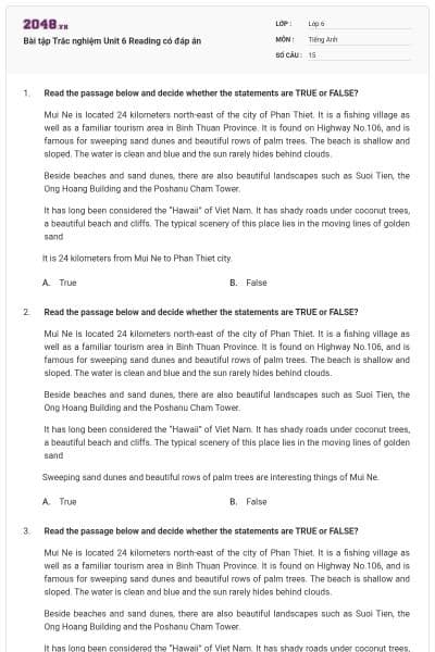 Bài tập Trắc nghiệm Unit 6 Reading có đáp án