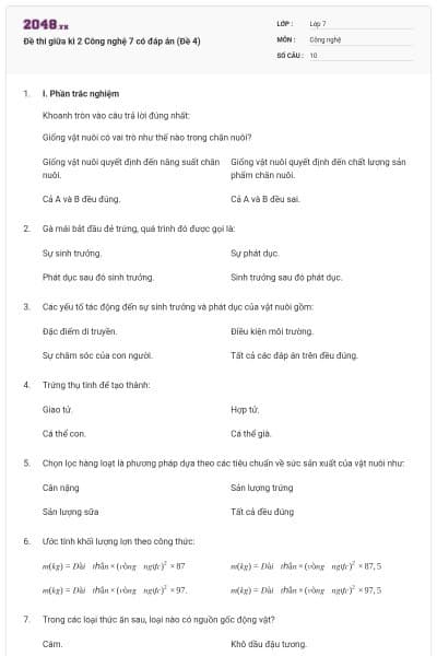 Đề thi giữa kì 2 Công nghệ 7 có đáp án (Đề 4)