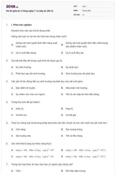 Đề thi giữa kì 2 Công nghệ 7 có đáp án (Đề 4)