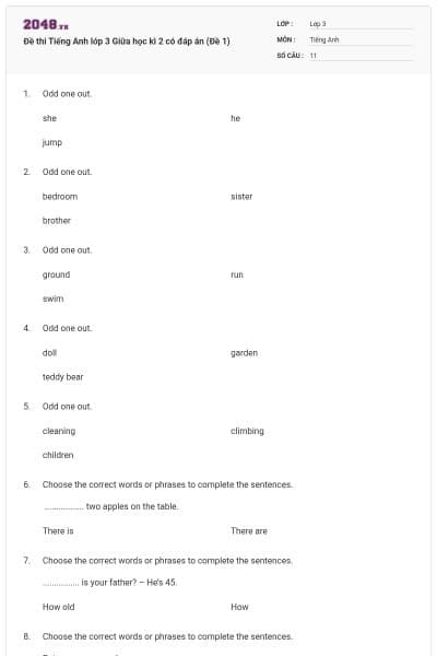 Đề thi Tiếng Anh lớp 3 Giữa học kì 2 có đáp án (Đề 1)