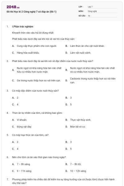 Đề thi Học kì 2 Công nghệ 7 có đáp án (Đề 1)