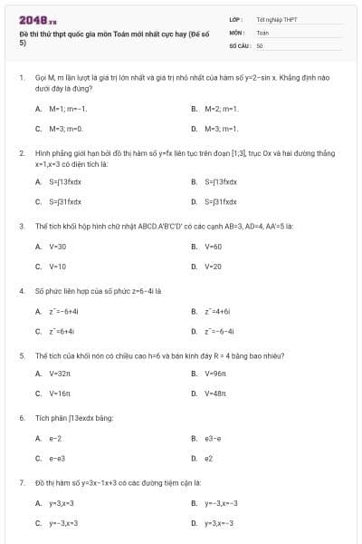 Đề thi thử thpt quốc gia môn Toán mới nhất cực hay (Đế số 5)
