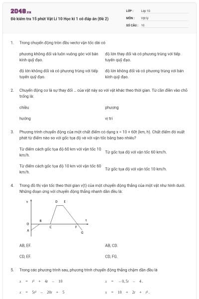 Đề kiểm tra 15 phút Vật Lí 10 Học kì 1 có đáp án (Đề 2)