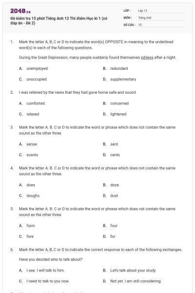 Đề kiểm tra 15 phút Tiếng Anh 12 Thí điểm Học kì 1 (có đáp án - Đề 2)
