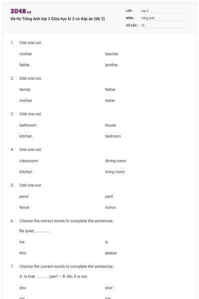 Đề thi Tiếng Anh lớp 3 Giữa học kì 2 có đáp án (Đề 2)