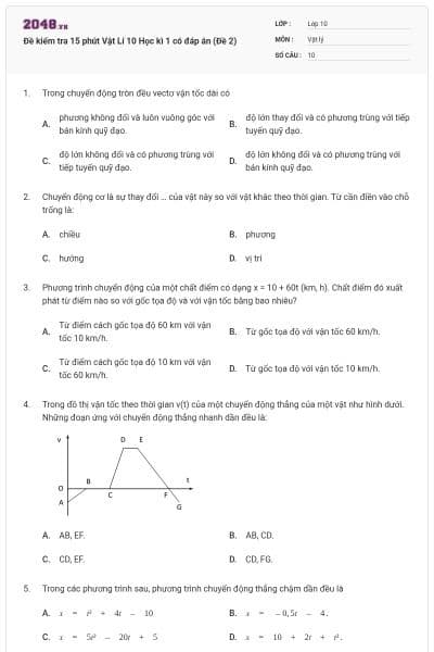 Đề kiểm tra 15 phút Vật Lí 10 Học kì 1 có đáp án (Đề 2)