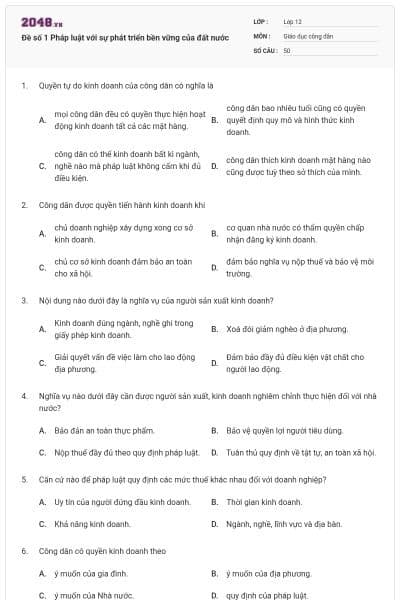 Đề số 1 Pháp luật với sự phát triển bền vững của đất nước