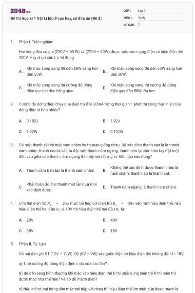 Đề thi Học kì 1 Vật Lí lớp 9 cực hay, có đáp án (Đề 3)