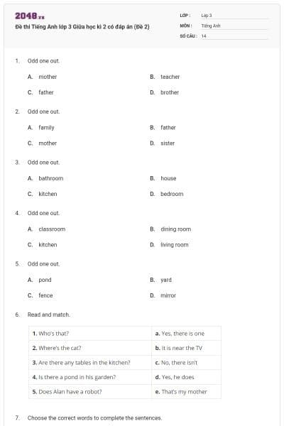 Đề thi Tiếng Anh lớp 3 Giữa học kì 2 có đáp án (Đề 2)