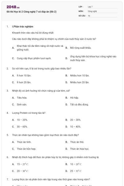 Đề thi Học kì 2 Công nghệ 7 có đáp án (Đề 2)
