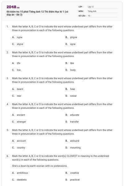Đề kiểm tra 15 phút Tiếng Anh 12 Thí điểm Học kì 1 (có đáp án - Đề 3)