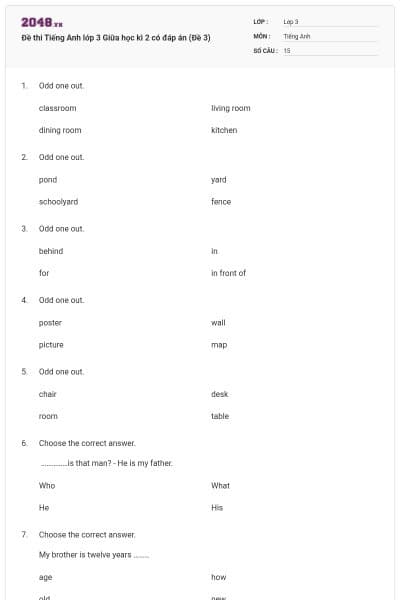 Đề thi Tiếng Anh lớp 3 Giữa học kì 2 có đáp án (Đề 3)