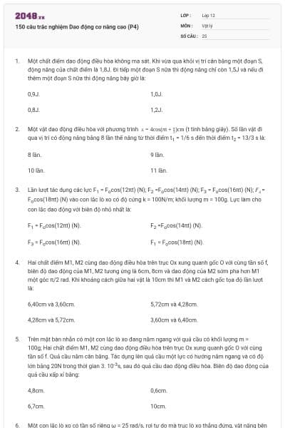 150 câu trắc nghiệm Dao động cơ nâng cao (P4)