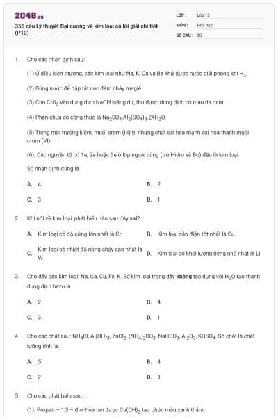 355 câu Lý thuyết Đại cương về kim loại có lời giải chi tiết (P10)