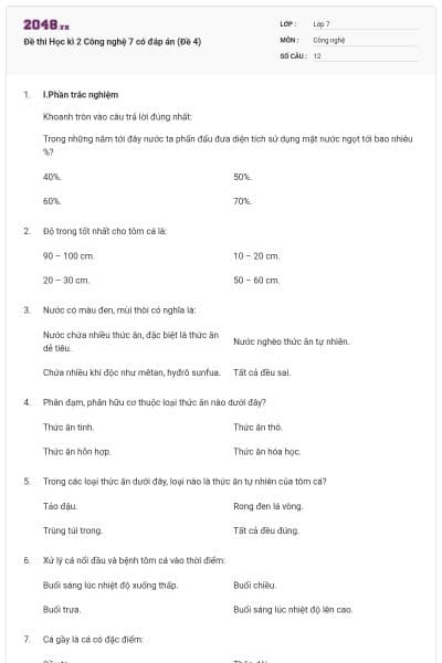 Đề thi Học kì 2 Công nghệ 7 có đáp án (Đề 4)