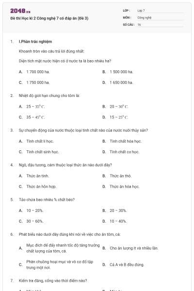 Đề thi Học kì 2 Công nghệ 7 có đáp án (Đề 3)