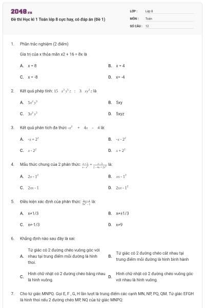 Đề thi Học kì 1 Toán lớp 8 cực hay, có đáp án (Đề 1)