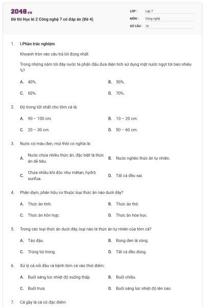 Đề thi Học kì 2 Công nghệ 7 có đáp án (Đề 4)