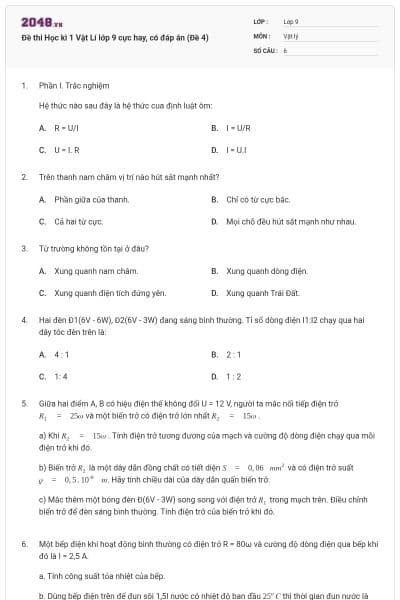Đề thi Học kì 1 Vật Lí lớp 9 cực hay, có đáp án (Đề 4)