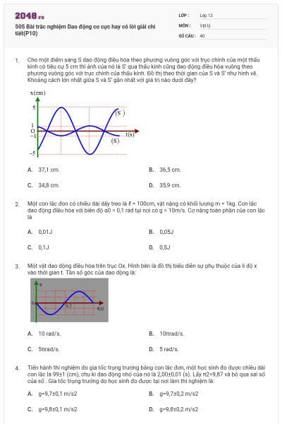 505 Bài trắc nghiệm Dao động cơ cực hay có lời giải chi tiết(P10)