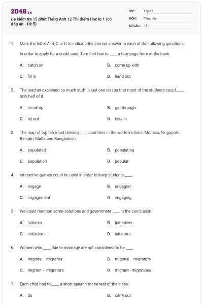 Đề kiểm tra 15 phút Tiếng Anh 12 Thí điểm Học kì 1 (có đáp án - Đề 5)