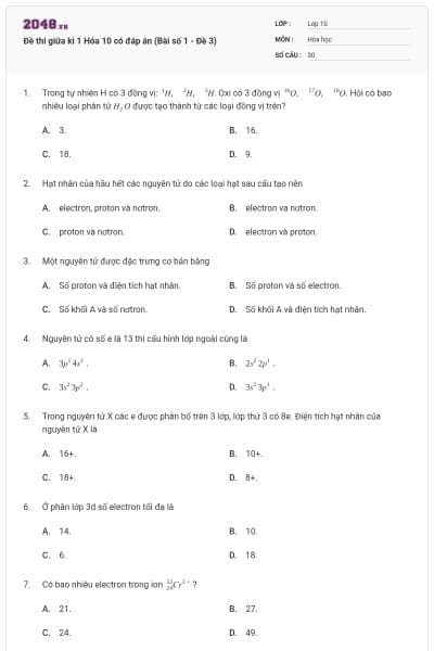 Đề thi giữa kì 1 Hóa 10 có đáp án (Bài số 1 - Đề 3)