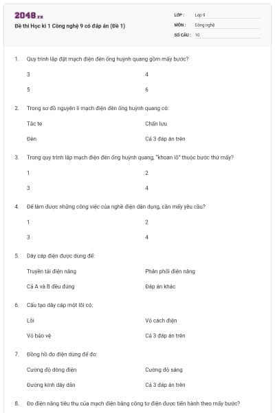 Đề thi Học kì 1 Công nghệ 9 có đáp án (Đề 1)