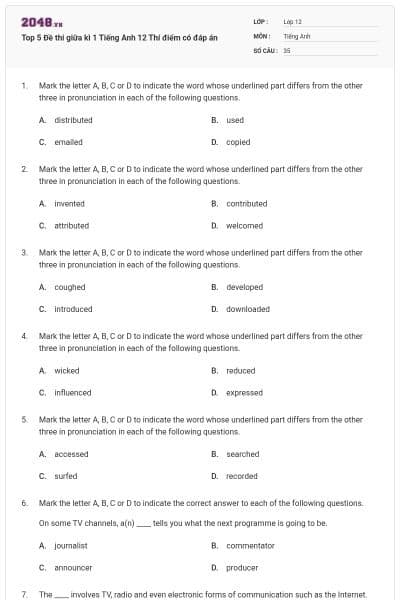 Top 5 Đề thi giữa kì 1 Tiếng Anh 12 Thí điểm có đáp án
