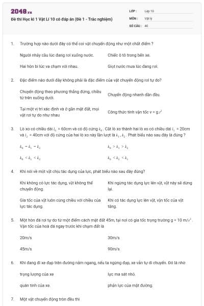 Đề thi Học kì 1 Vật Lí 10 có đáp án (Đề 1 - Trắc nghiệm)