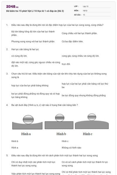 Đề kiểm tra 15 phút Vật Lí 10 Học kì 1 có đáp án (Đề 3)
