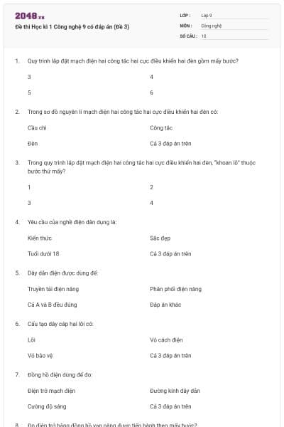 Đề thi Học kì 1 Công nghệ 9 có đáp án (Đề 3)