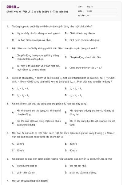 Đề thi Học kì 1 Vật Lí 10 có đáp án (Đề 1 - Trắc nghiệm)