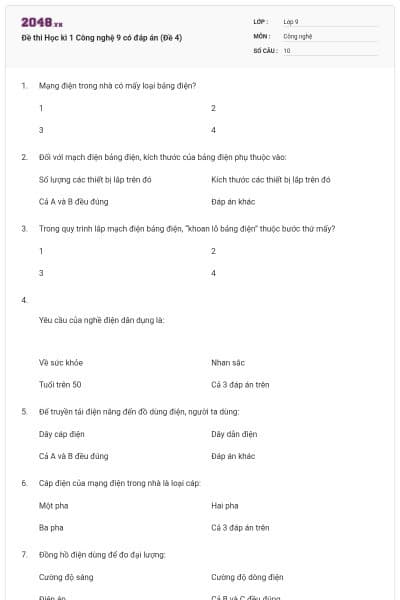 Đề thi Học kì 1 Công nghệ 9 có đáp án (Đề 4)
