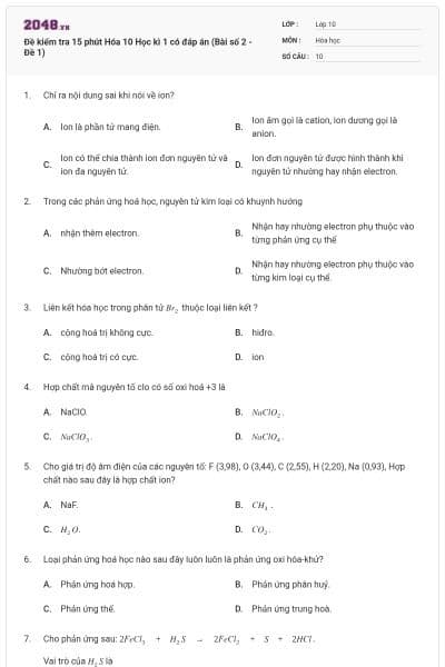 Đề kiểm tra 15 phút Hóa 10 Học kì 1 có đáp án (Bài số 2 - Đề 1)
