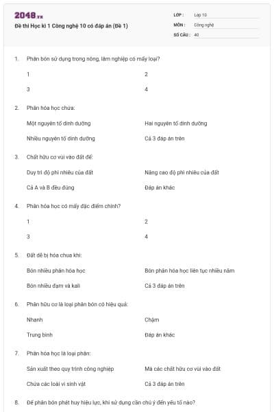Đề thi Học kì 1 Công nghệ 10 có đáp án (Đề 1)