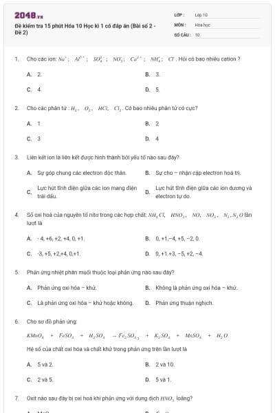 Đề kiểm tra 15 phút Hóa 10 Học kì 1 có đáp án (Bài số 2 - Đề 2)