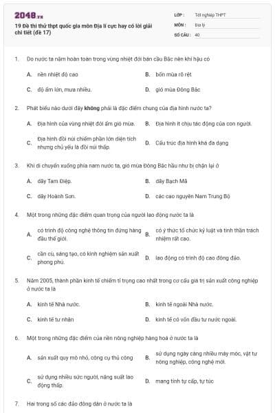 19 Đề thi thử thpt quốc gia môn Địa lí cực hay có lời giải chi tiết (đề 17)