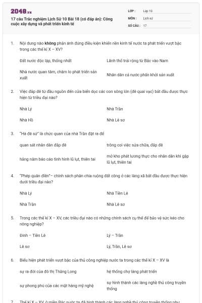 17 câu Trắc nghiệm Lịch Sử 10 Bài 18 (có đáp án): Công cuộc xây dựng và phát triển kinh tế