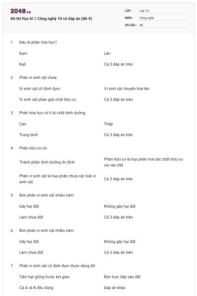 Đề thi Học kì 1 Công nghệ 10 có đáp án (Đề 4)