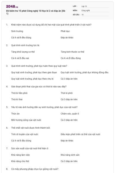 Đề kiểm tra 15 phút Công nghệ 10 Học kì 2 có đáp án (Đề 1)