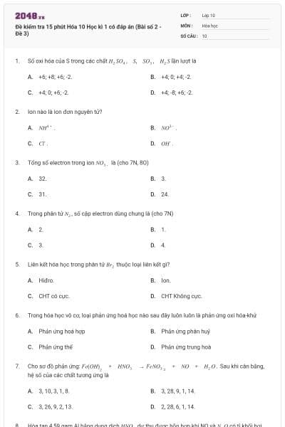 Đề kiểm tra 15 phút Hóa 10 Học kì 1 có đáp án (Bài số 2 - Đề 3)