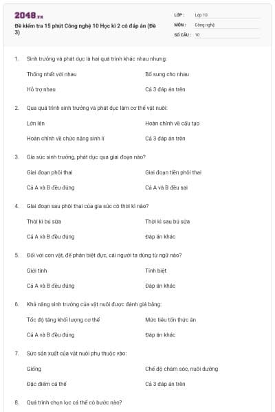 Đề kiểm tra 15 phút Công nghệ 10 Học kì 2 có đáp án (Đề 3)